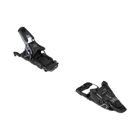 Two black ski bindings shown on a plain white background, one upright and one angled, with visible Shimano branding.