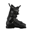 A Salomon ski boot in black with gold accents, featuring a dial closure system and a quick-release buckle, shown from a side profile on a white background.