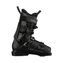 A Salomon ski boot in black with gold accents, featuring a dial closure system and a quick-release buckle, shown from a side profile on a white background.