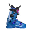 A Salomon ski boot in a vibrant blue colorway with black and purple accents, featuring a dial closure system and a quick-release buckle, shown against a plain white background.