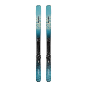 A pair of Alpinestars ski bindings with matching blue and teal skis, shown vertically against a plain white background.
