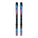 A pair of Salomon alpine skis with black bindings, featuring a blue, orange, and black abstract graphic design, shown against a plain white background.