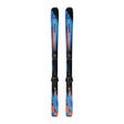 A pair of Salomon alpine skis with black bindings, featuring a blue, orange, and black abstract graphic design, shown against a plain white background.