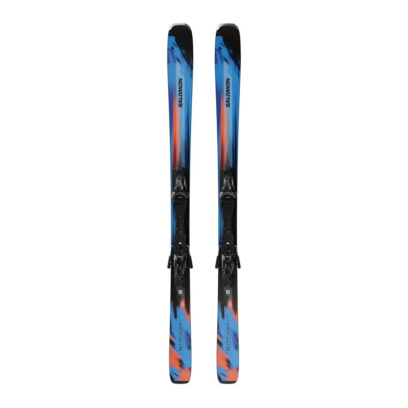 A pair of Salomon alpine skis with black bindings, featuring a blue, orange, and black abstract graphic design, shown against a plain white background.