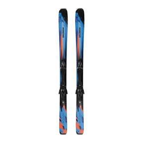 A pair of Salomon alpine skis with black bindings, featuring a blue, orange, and black abstract graphic design, shown against a plain white background.