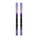A pair of Salomon alpine skis with black bindings, featuring a purple and lavender mountain-patterned graphic on a clean white background.