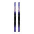 A pair of Salomon alpine skis with black bindings, featuring a purple and lavender mountain-patterned graphic on a clean white background.