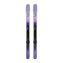A pair of Salomon alpine skis with black bindings, featuring a purple and lavender mountain-patterned graphic on a clean white background.