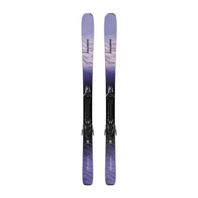 A pair of Salomon alpine skis with black bindings, featuring a purple and lavender mountain-patterned graphic on a clean white background.