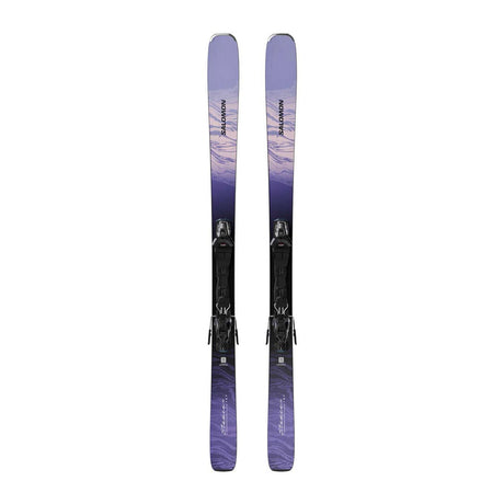 A pair of Salomon alpine skis with black bindings, featuring a purple and lavender mountain-patterned graphic on a clean white background.