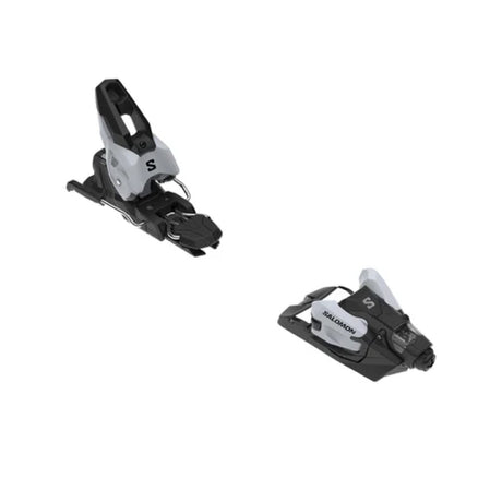 A pair of Salomon ski bindings shown against a plain white background, with one binding upright and the other angled below it.