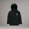 Black hooded jacket with a brand logo on a white background