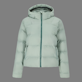 Light green puffer jacket with a hood on a white background