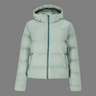 Light green puffer jacket with a hood on a white background