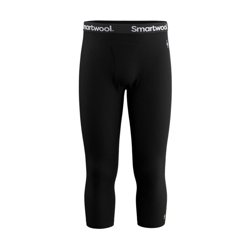 Black 3/4-length compression leggings with a black waistband featuring the white 'Smartwool' brand name, shown against a plain white background.