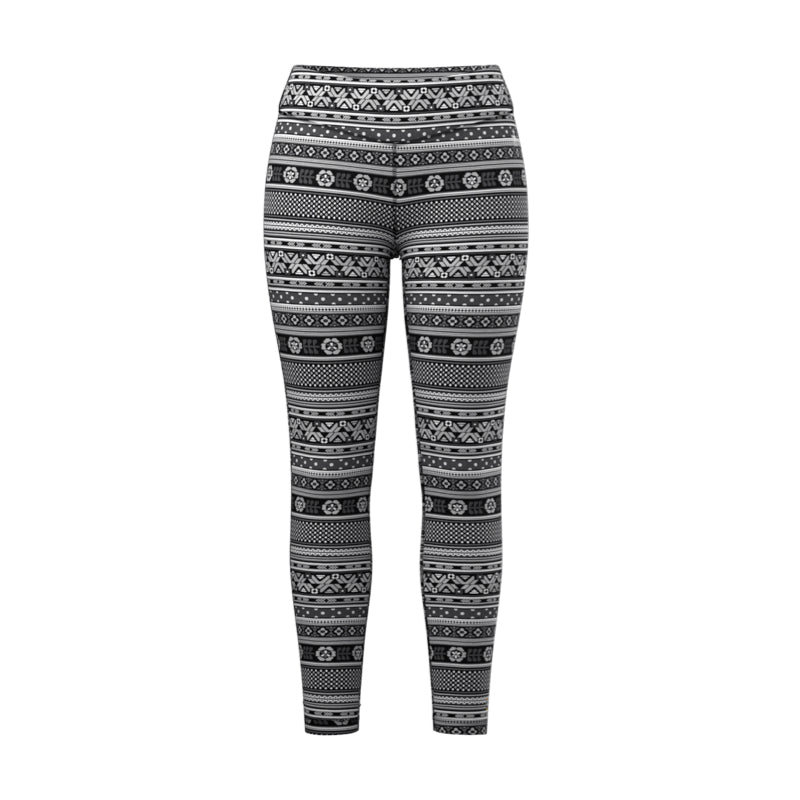 Black and white patterned leggings with a Nordic fair isle style geometric print, shown against a plain white background.