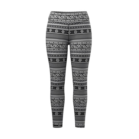 Black and white patterned leggings with a Nordic fair isle style geometric print, shown against a plain white background.