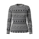 A women's long-sleeve crewneck sweater featuring a black and white Nordic/Fair Isle pattern with geometric and snowflake motifs, shown against a plain white background.