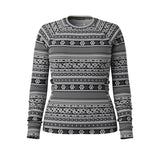 A women's long-sleeve crewneck sweater featuring a black and white Nordic/Fair Isle pattern with geometric and snowflake motifs, shown against a plain white background.