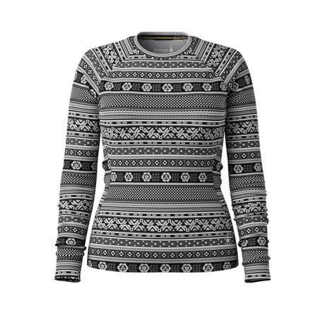 A women's long-sleeve crewneck sweater featuring a black and white Nordic/Fair Isle pattern with geometric and snowflake motifs, shown against a plain white background.