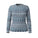 A women's long-sleeve crewneck sweater featuring a horizontal Nordic and Fair Isle style geometric pattern in slate blue, navy, and white, shown against a plain white background.