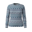A women's long-sleeve crewneck sweater featuring a horizontal Nordic and Fair Isle style geometric pattern in slate blue, navy, and white, shown against a plain white background.