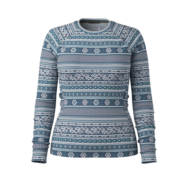 A women's long-sleeve crewneck sweater featuring a horizontal Nordic and Fair Isle style geometric pattern in slate blue, navy, and white, shown against a plain white background.