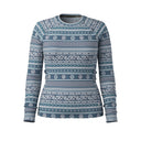 A women's long-sleeve crewneck sweater featuring a horizontal Nordic and Fair Isle style geometric pattern in slate blue, navy, and white, shown against a plain white background.