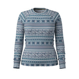 A women's long-sleeve crewneck sweater featuring a horizontal Nordic and Fair Isle style geometric pattern in slate blue, navy, and white, shown against a plain white background.