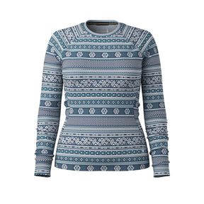 A women's long-sleeve crewneck sweater featuring a horizontal Nordic and Fair Isle style geometric pattern in slate blue, navy, and white, shown against a plain white background.