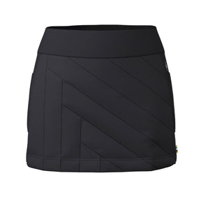A black athletic skirt with diagonal stitched paneling, shown against a plain white background.