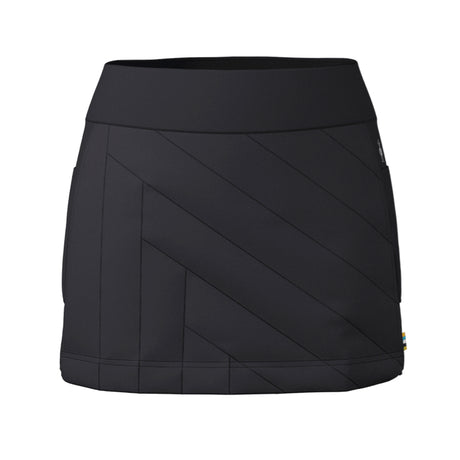 A black athletic skirt with diagonal stitched paneling, shown against a plain white background.