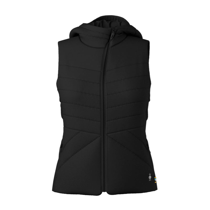 A black sleeveless hooded puffer vest with a full front zipper, shown on a plain white background.