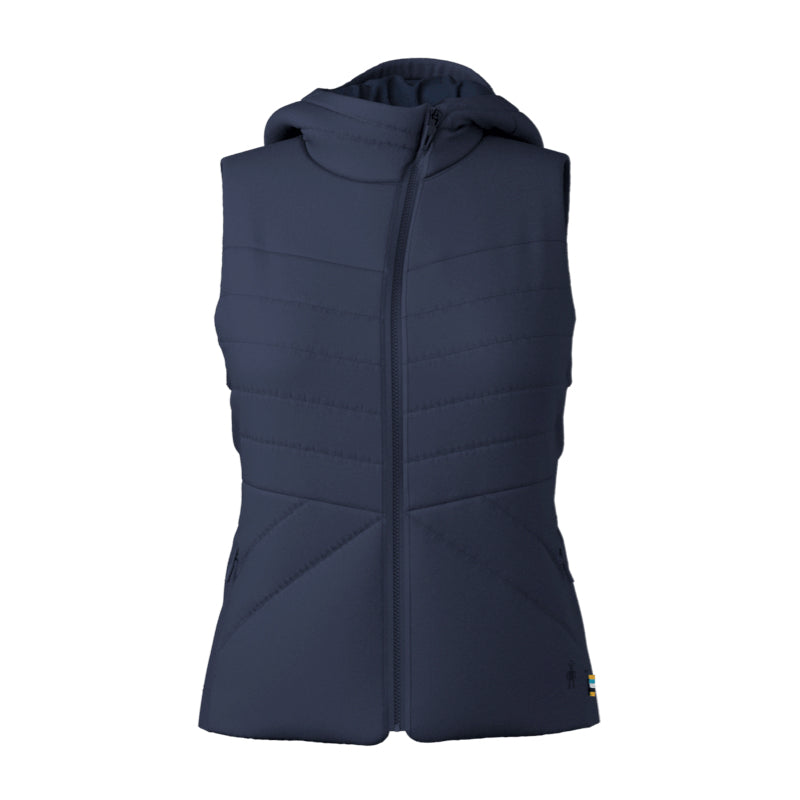 A sleeveless hooded puffer vest in dark navy blue, shown against a plain white background.