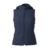 A sleeveless hooded puffer vest in dark navy blue, shown against a plain white background.