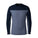 A men's long-sleeve crewneck shirt with a colorblock design, featuring a dark navy blue upper chest, shoulders, and sleeves, and a heathered slate blue lower body, shown on a plain white background.