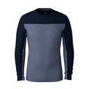 A men's long-sleeve crewneck shirt with a colorblock design, featuring a dark navy blue upper chest, shoulders, and sleeves, and a heathered slate blue lower body, shown on a plain white background.