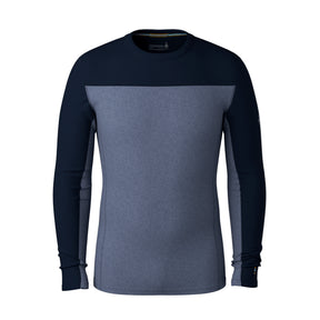 A men's long-sleeve crewneck shirt with a colorblock design, featuring a dark navy blue upper chest, shoulders, and sleeves, and a heathered slate blue lower body, shown on a plain white background.