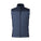 A sleeveless navy blue puffer vest with a dark navy collar and shoulder yoke, featuring a full-length front zipper and a small logo near the bottom right hem, shown against a plain white background.