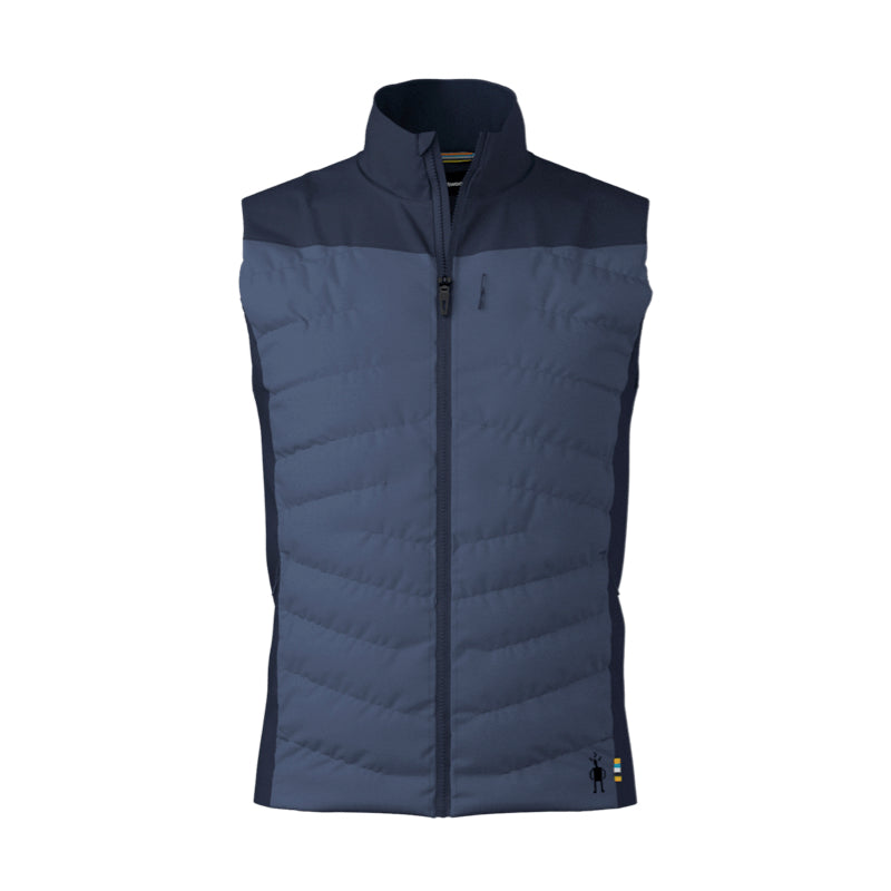 A sleeveless navy blue puffer vest with a dark navy collar and shoulder yoke, featuring a full-length front zipper and a small logo near the bottom right hem, shown against a plain white background.