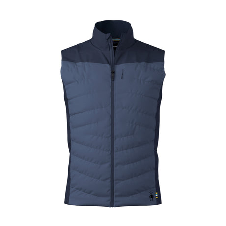 A sleeveless navy blue puffer vest with a dark navy collar and shoulder yoke, featuring a full-length front zipper and a small logo near the bottom right hem, shown against a plain white background.
