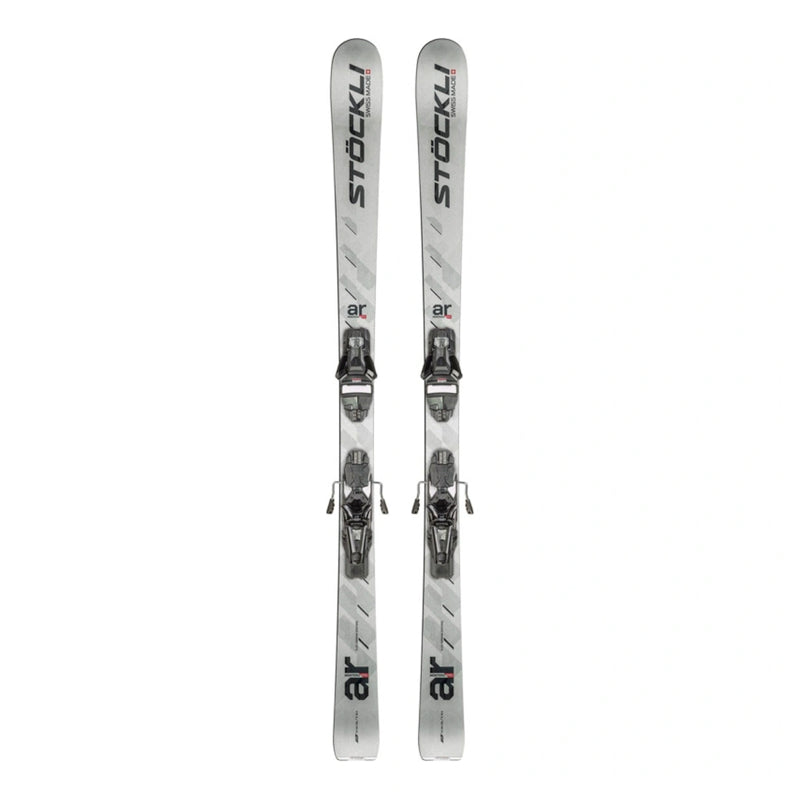 A pair of silver and white ski boots with black branding, shown vertically side-by-side against a plain white background.