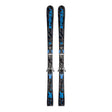 A pair of Stockli ski boots with black and blue patterned ski skins, shown vertically against a plain white background.