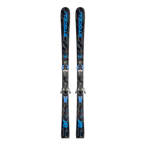 A pair of Stockli ski boots with black and blue patterned ski skins, shown vertically against a plain white background.