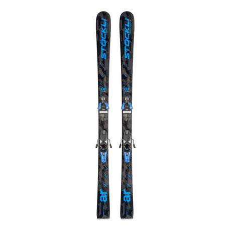 A pair of Stockli ski boots with black and blue patterned ski skins, shown vertically against a plain white background.