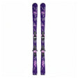 A pair of purple and black ski bindings with matching skis featuring a purple and black camouflage pattern, shown vertically against a plain white background.