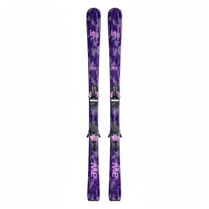 A pair of purple and black ski bindings with matching skis featuring a purple and black camouflage pattern, shown vertically against a plain white background.