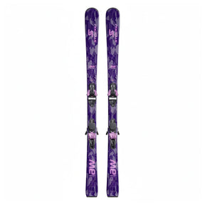 A pair of purple and black ski bindings with matching skis featuring a purple and black camouflage pattern, shown vertically against a plain white background.