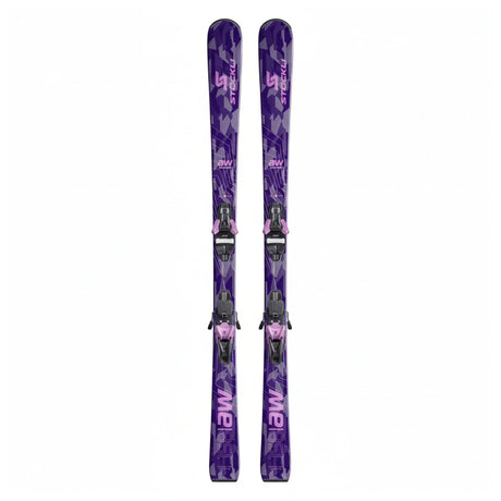 A pair of purple and black ski bindings with matching skis featuring a purple and black camouflage pattern, shown vertically against a plain white background.
