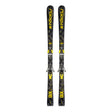A pair of black Stockli ax ski boots with bright yellow branding and accents, shown vertically against a plain white background.